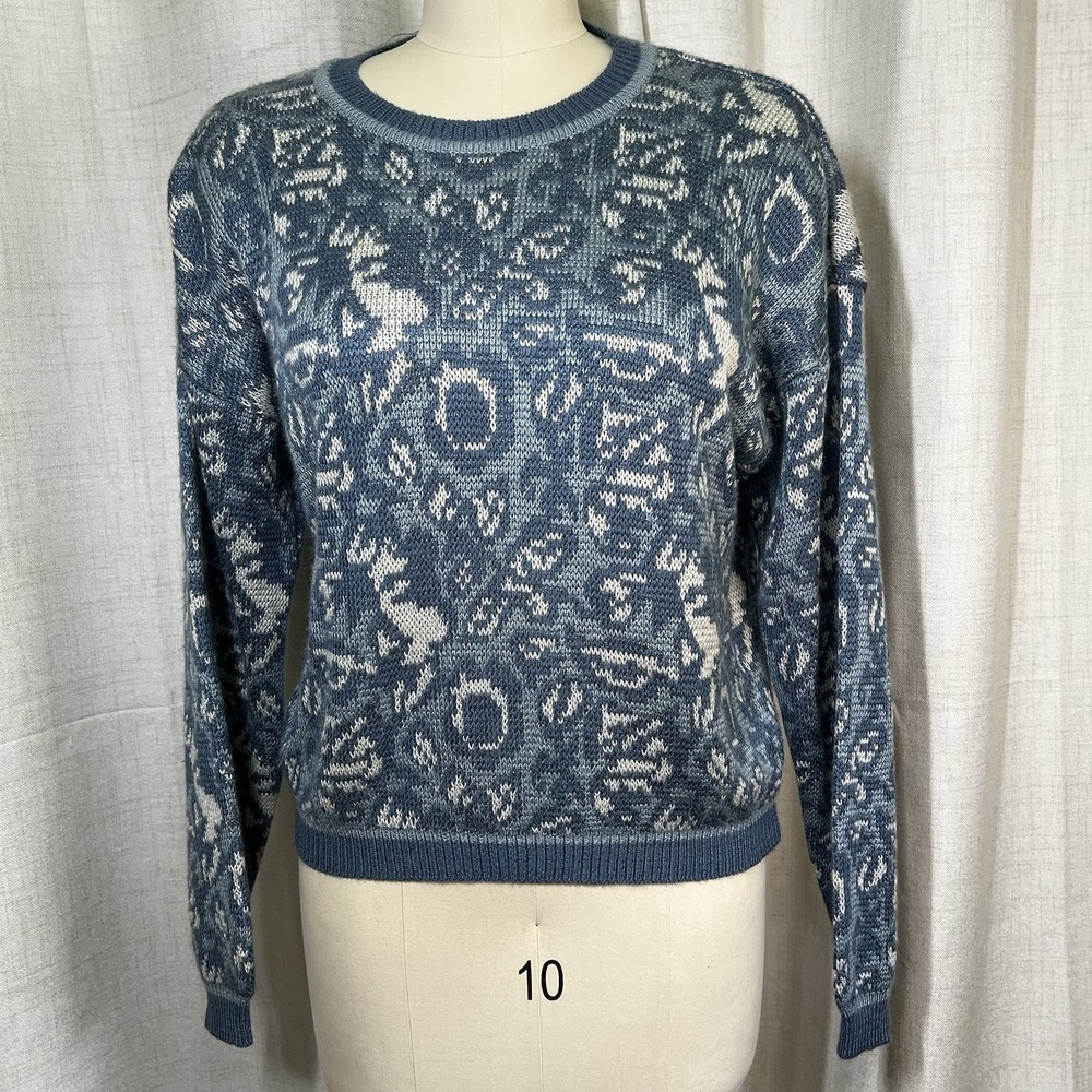 Vintage Jennifer Moore Women's Sweater Blue Abstract Size Large Knit Crew‎ Neck